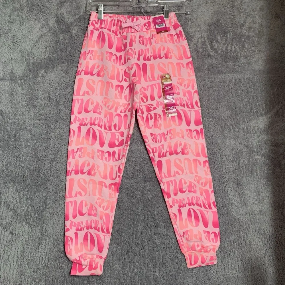 Justice Joggers Girls‎ Size M 10 Pink Peace Love Justice Graphic Fleece NWT